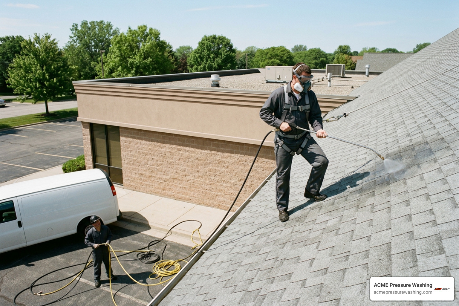 Professional roof cleaning technician safely performing soft wash service