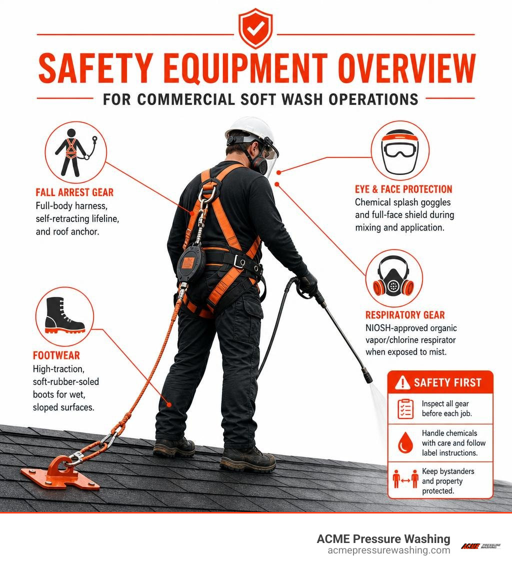 Safety equipment overview for commercial soft wash operations infographic