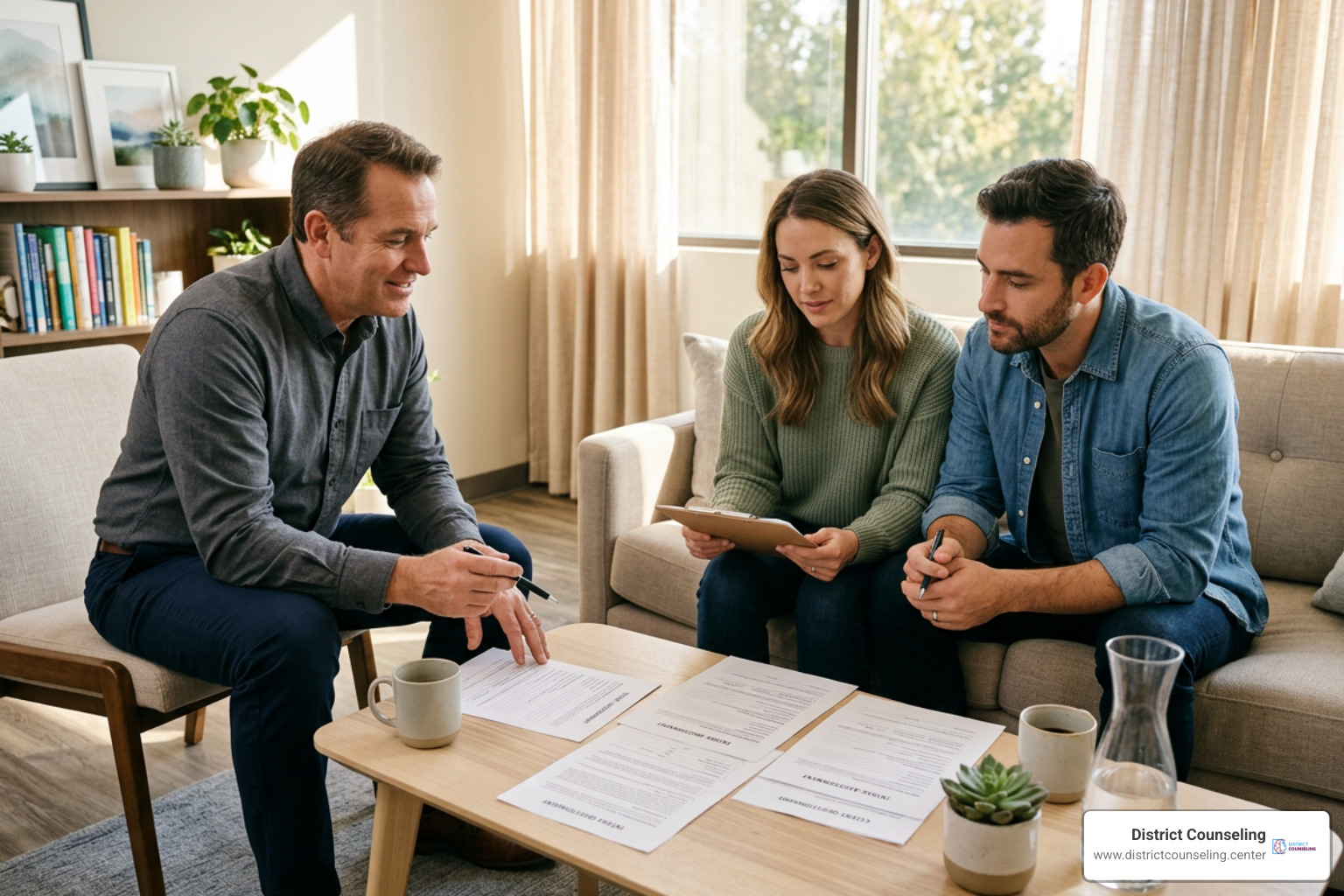 Therapist and couple using intake assessment materials