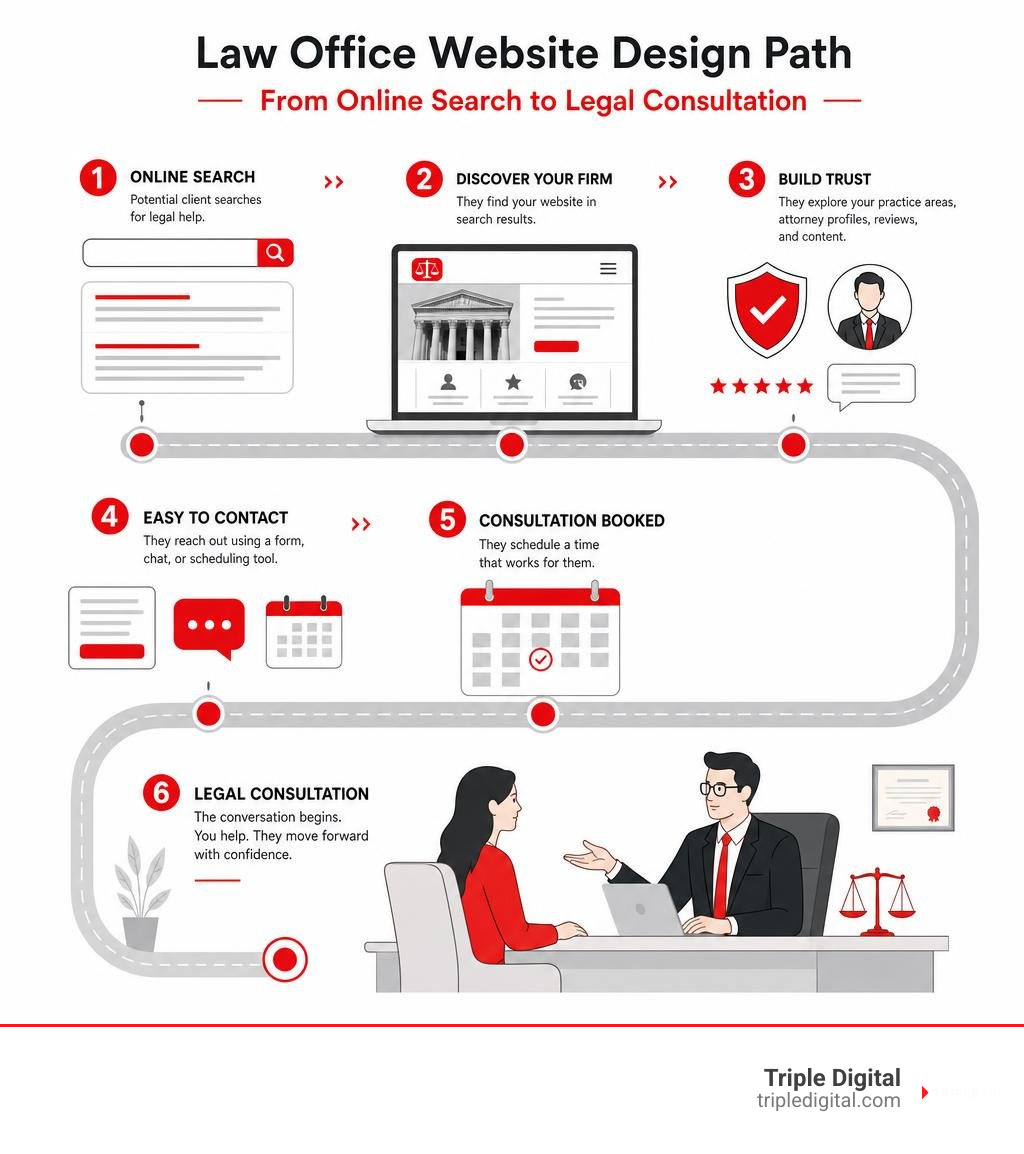 Law office website design path from online search to legal consultation infographic Law office website design path from online search to legal consultation infographic