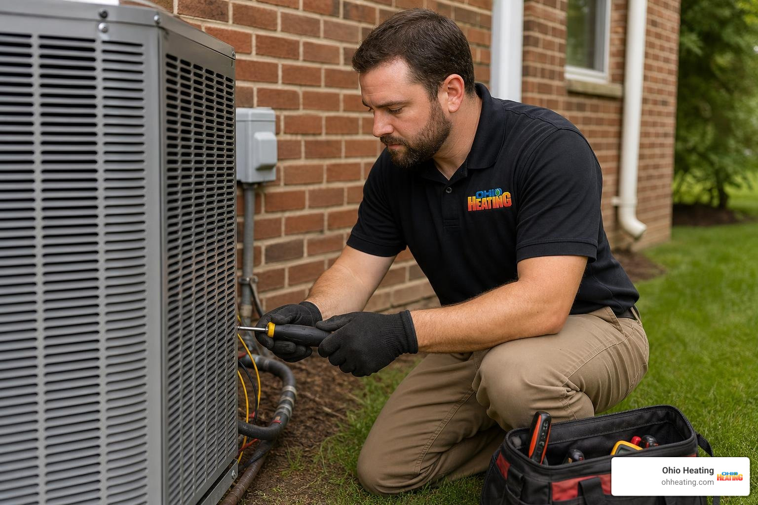 Realistic, high-quality photo of a professional HVAC technician wearing work gloves and a shirt with company branding