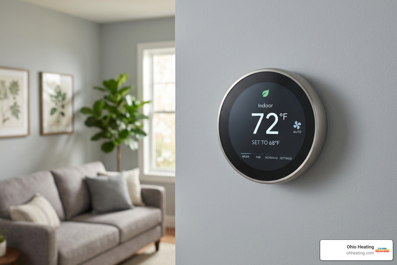Energy efficient smart temperature controller interface installed on a living room wall