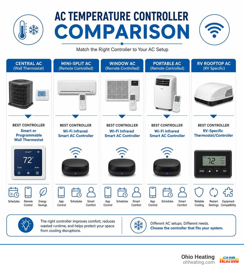 AC temperature controller comparison for central, mini-split, window, portable, and RV units infographic