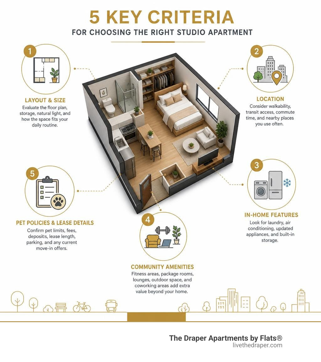 Infographic showing studio apartment selection criteria: layout, location, amenities, pets, lease infographic