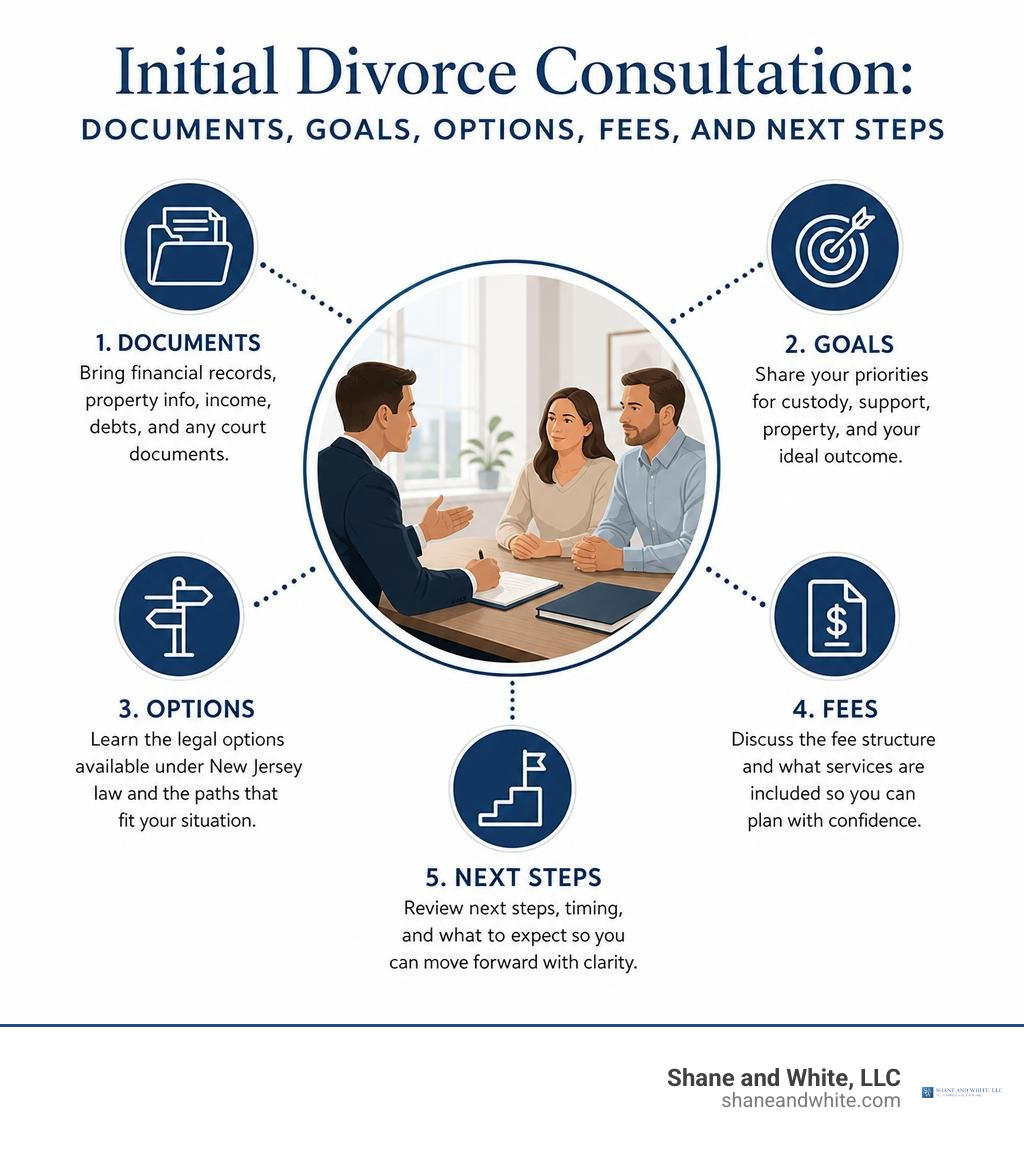 Initial divorce consultation: documents, goals, options, fees, and next steps infographic Initial divorce consultation: documents, goals, options, fees, and next steps infographic