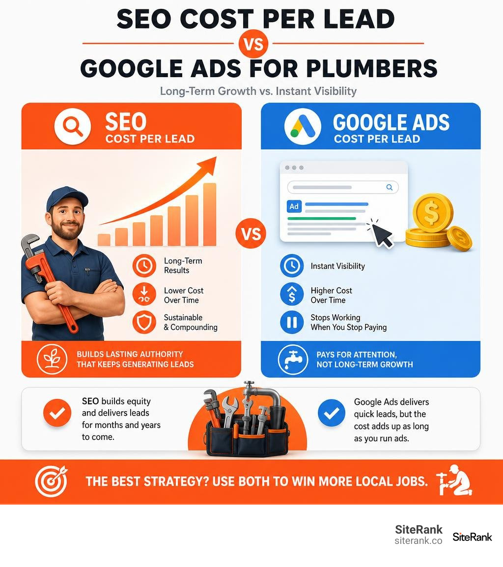 infographic comparing SEO cost per lead vs Google Ads for plumbers infographic infographic comparing SEO cost per lead vs Google Ads for plumbers infographic