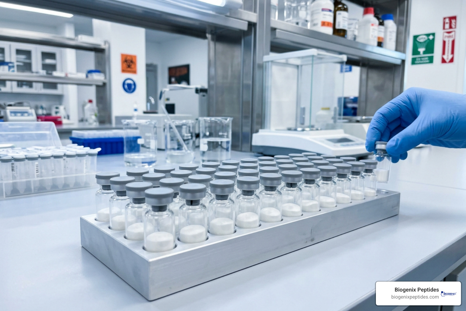 lyophilized peptide vials arranged in a laboratory environment