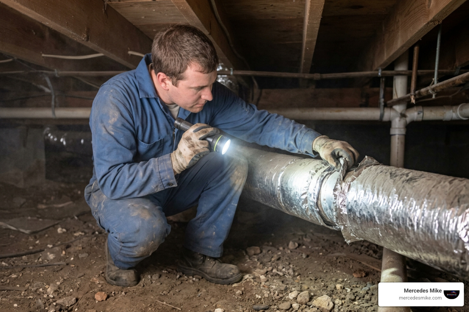 technician inspecting flexible duct in crawl space