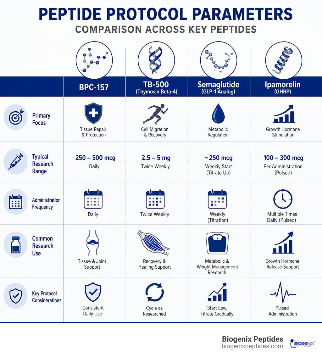 comparison of peptide protocol parameters across BPC-157, TB-500, Semaglutide, and Ipamorelin infographic
