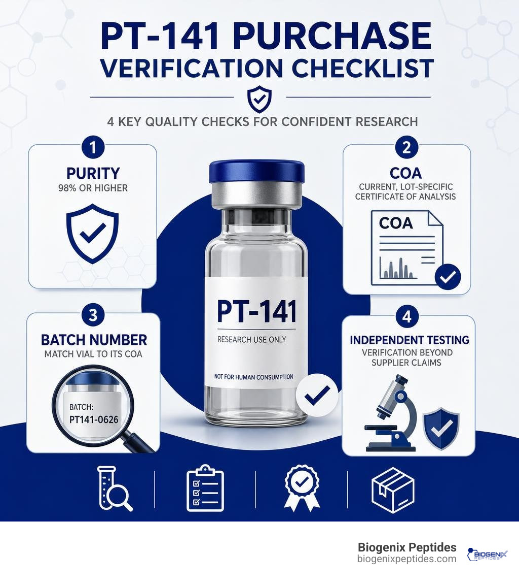 PT-141 purchase verification checklist: purity, COA, batch number, independent testing infographic