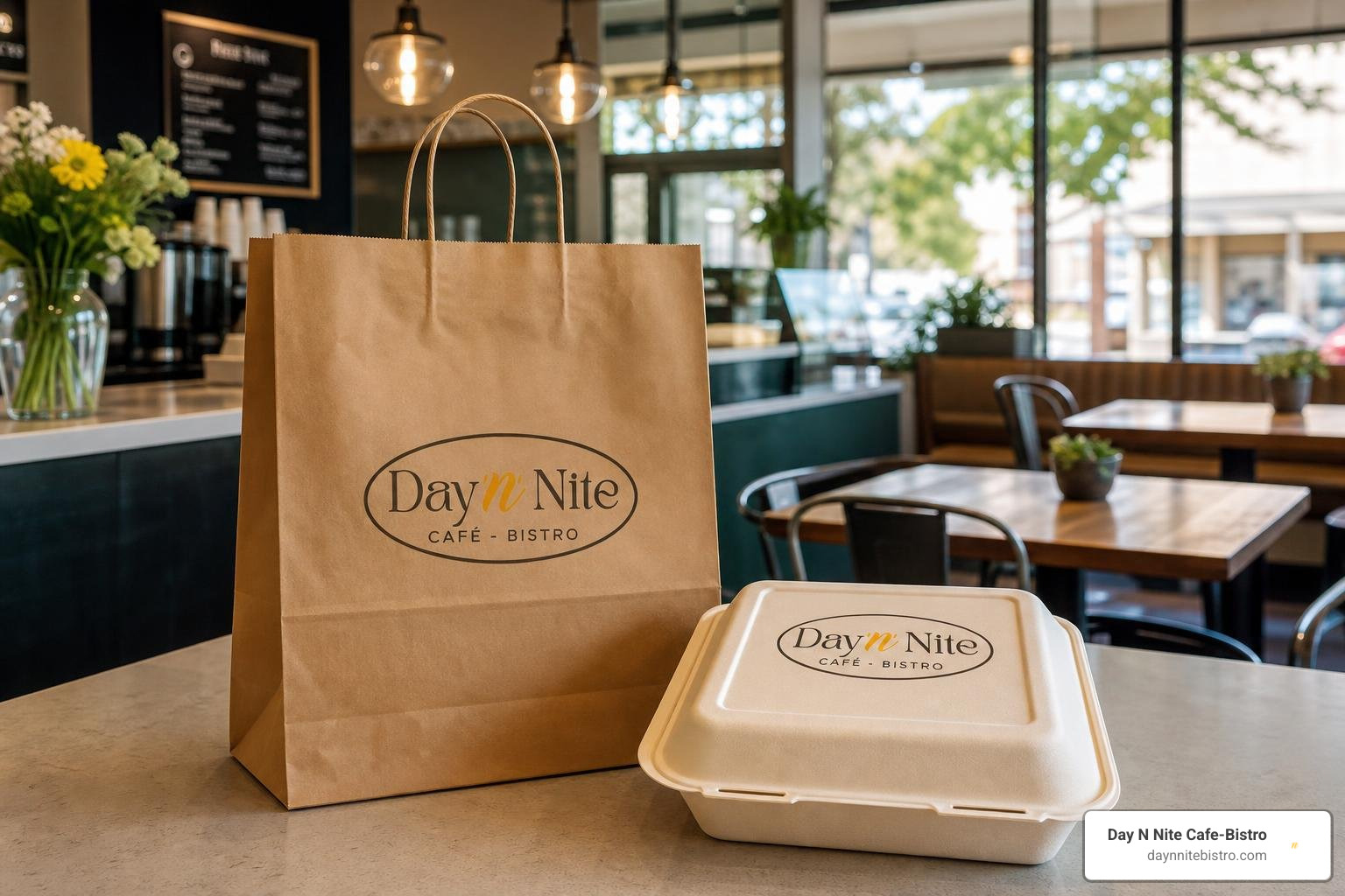 Freshly packaged takeout breakfast order ready for pickup