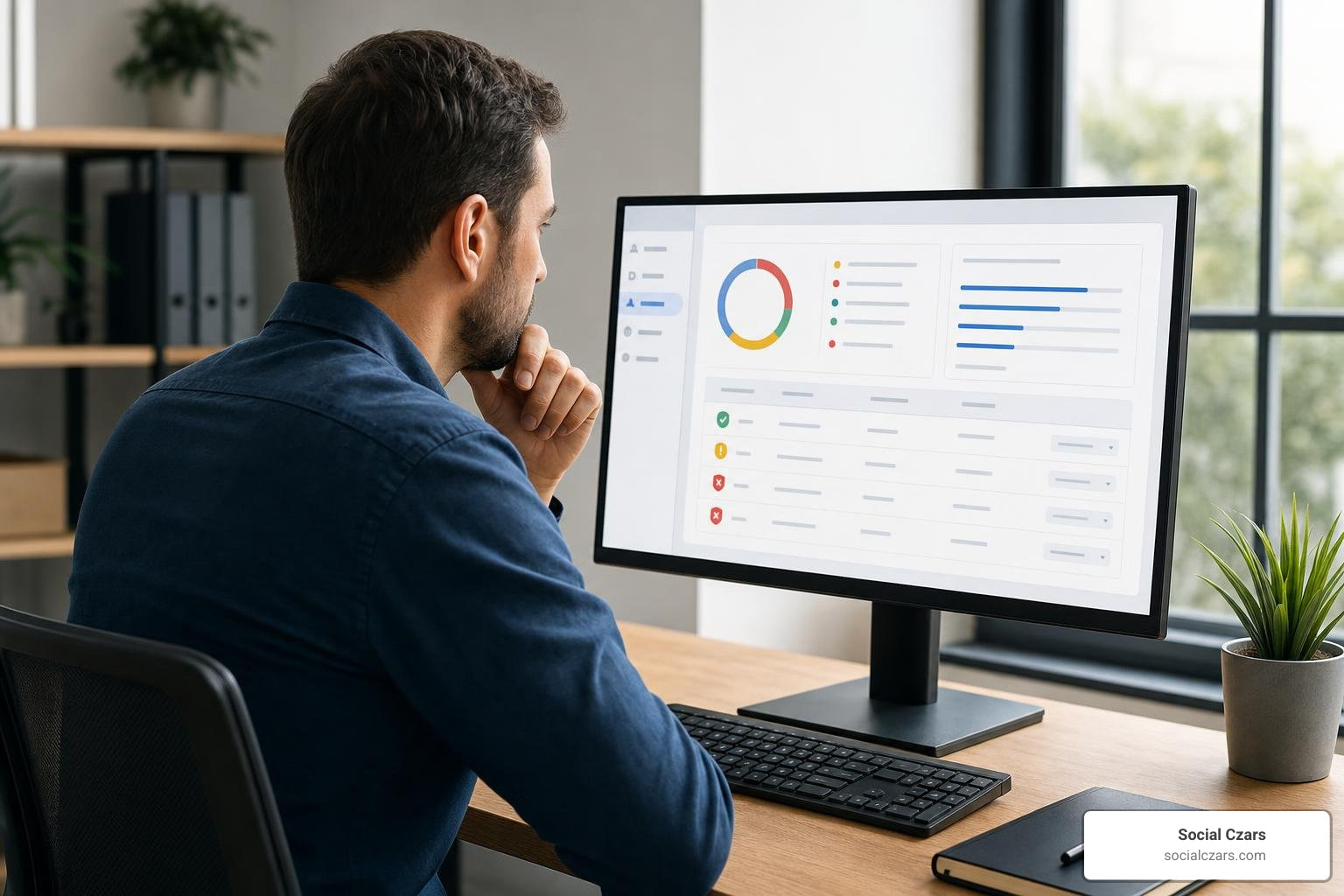 Business manager reviewing Google Business Profile moderation dashboard Business manager reviewing Google Business Profile moderation dashboard