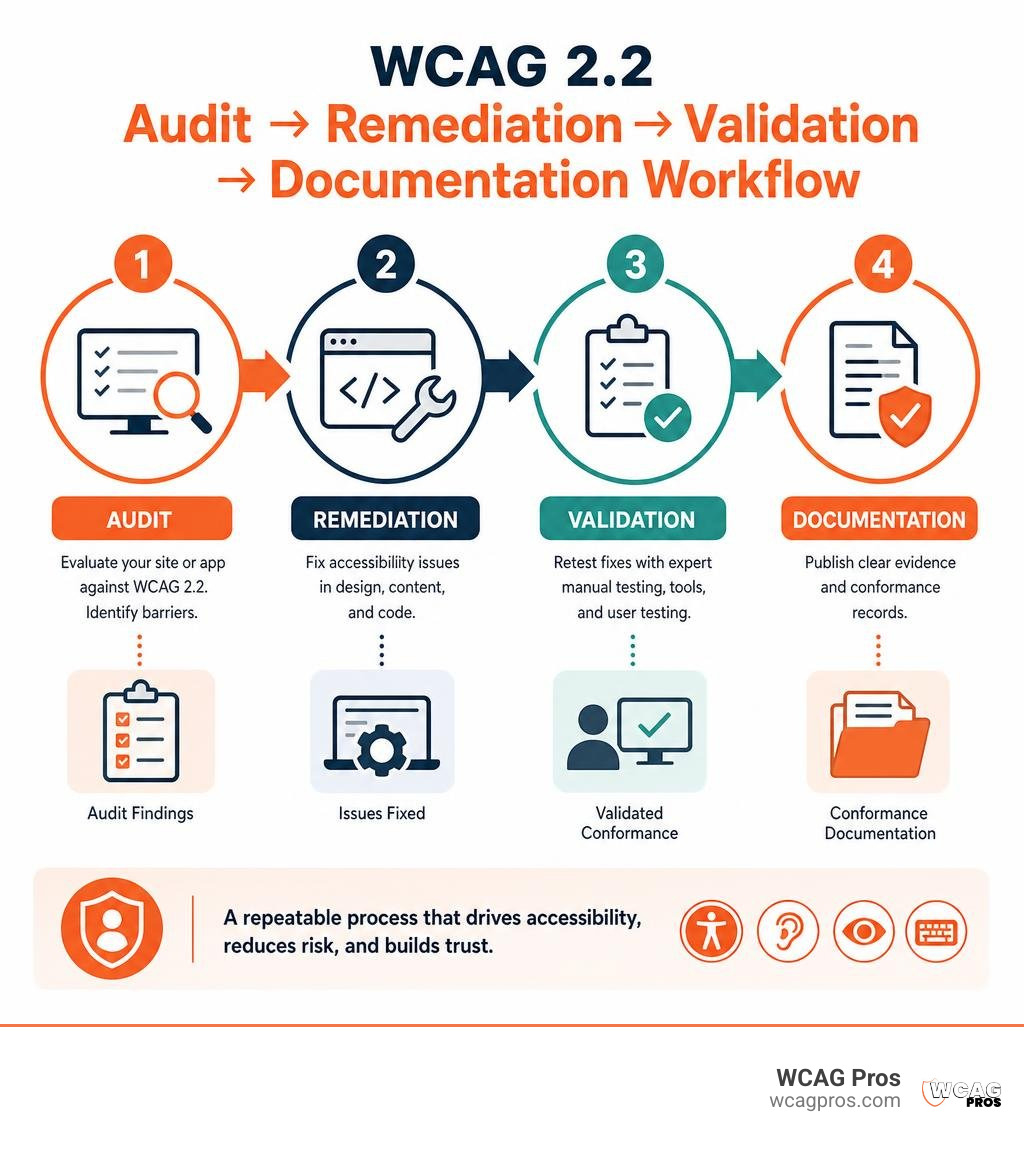 WCAG 2.2 audit remediation validation documentation workflow infographic WCAG 2.2 audit remediation validation documentation workflow infographic