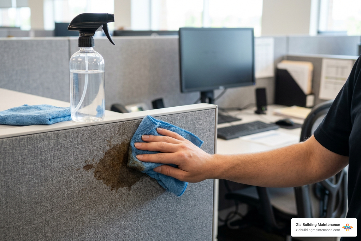 Spot cleaning a stain on a cubicle wall Spot cleaning a stain on a cubicle wall