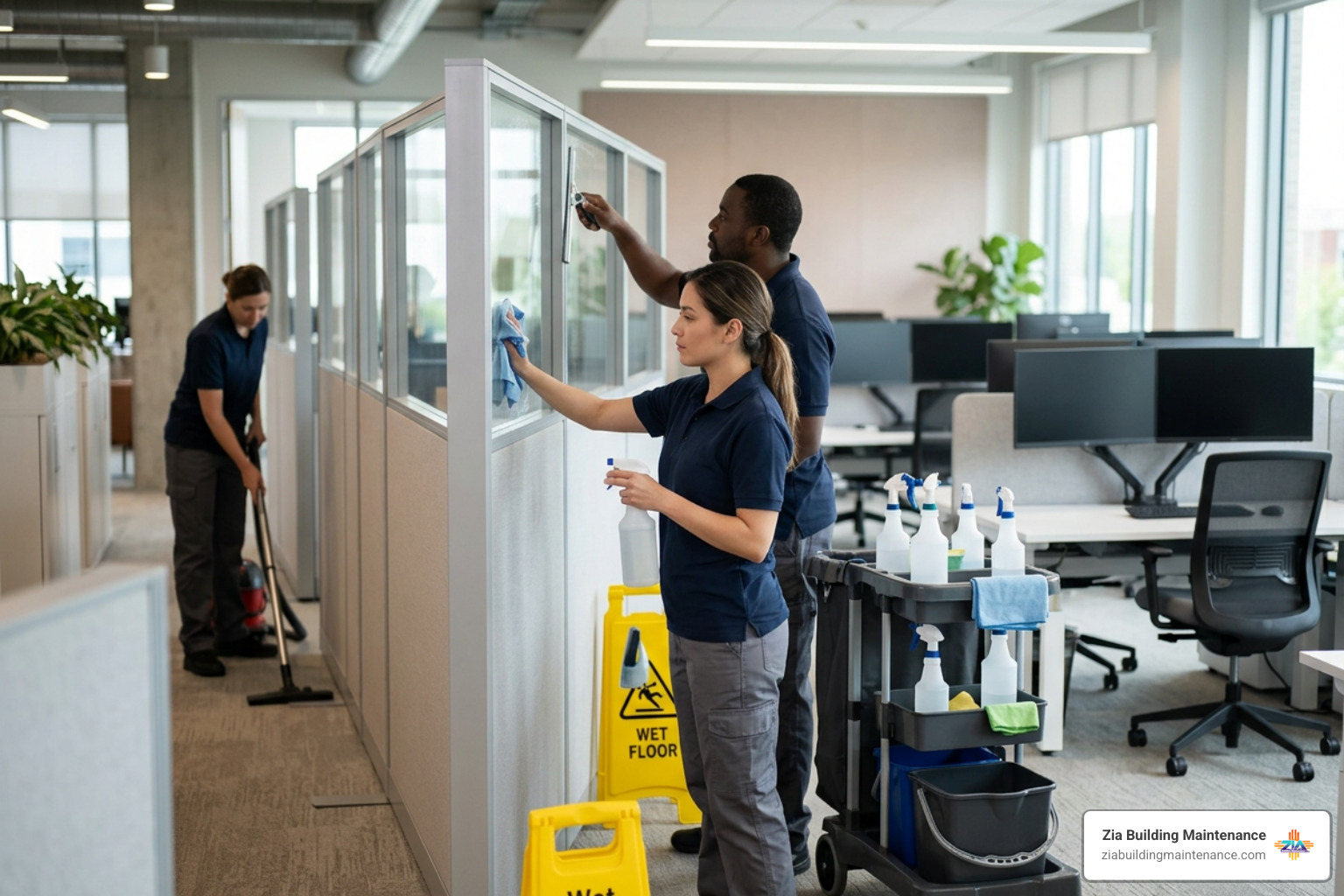 Professional janitorial team cleaning office partitions Professional janitorial team cleaning office partitions