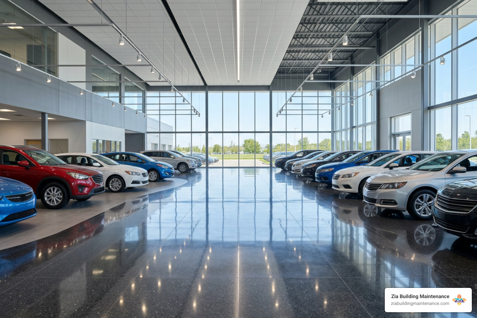 Spotless automotive dealership showroom reflecting brilliant lighting Spotless automotive dealership showroom reflecting brilliant lighting