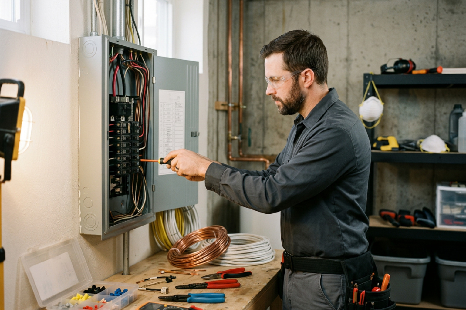 electrician installing new breaker panel electrician installing new breaker panel