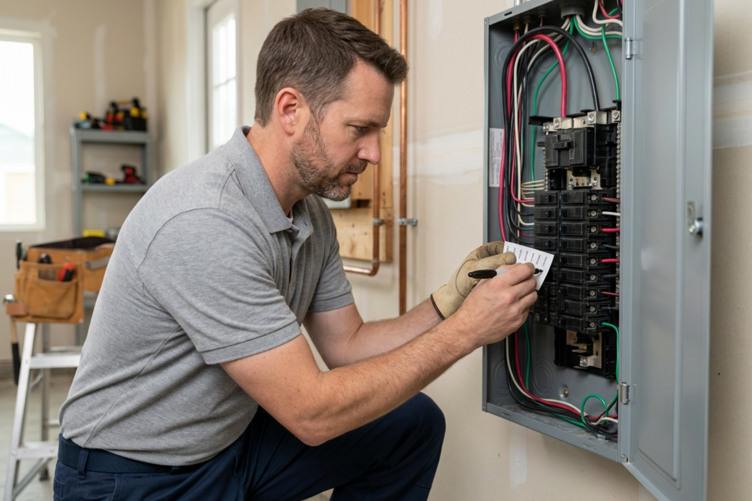 licensed electrician labeling breakers inside a main panel licensed electrician labeling breakers inside a main panel