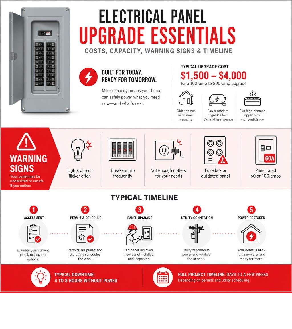 Electrical panel upgrade costs capacity warning signs and typical timeline infographic Electrical panel upgrade costs capacity warning signs and typical timeline infographic
