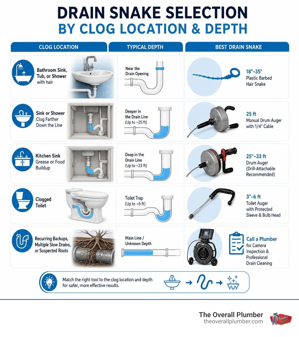 Drain snake selection by clog location and depth infographic Drain snake selection by clog location and depth infographic