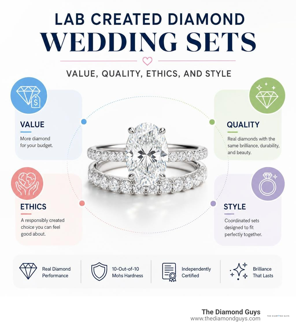 Lab created diamond wedding sets: value, quality, ethics, and style infographic