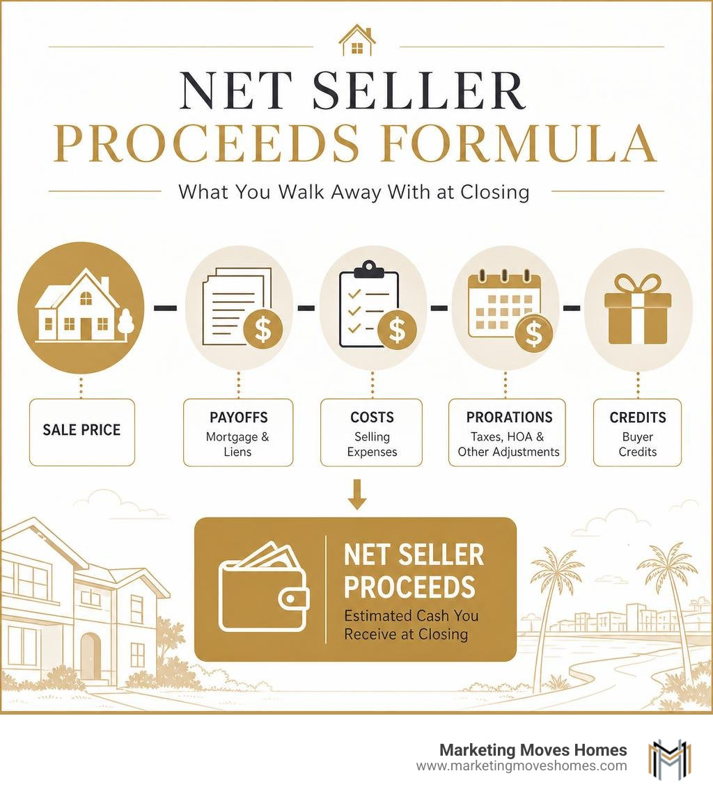 Net seller proceeds formula showing sale price minus payoffs costs prorations and credits infographic