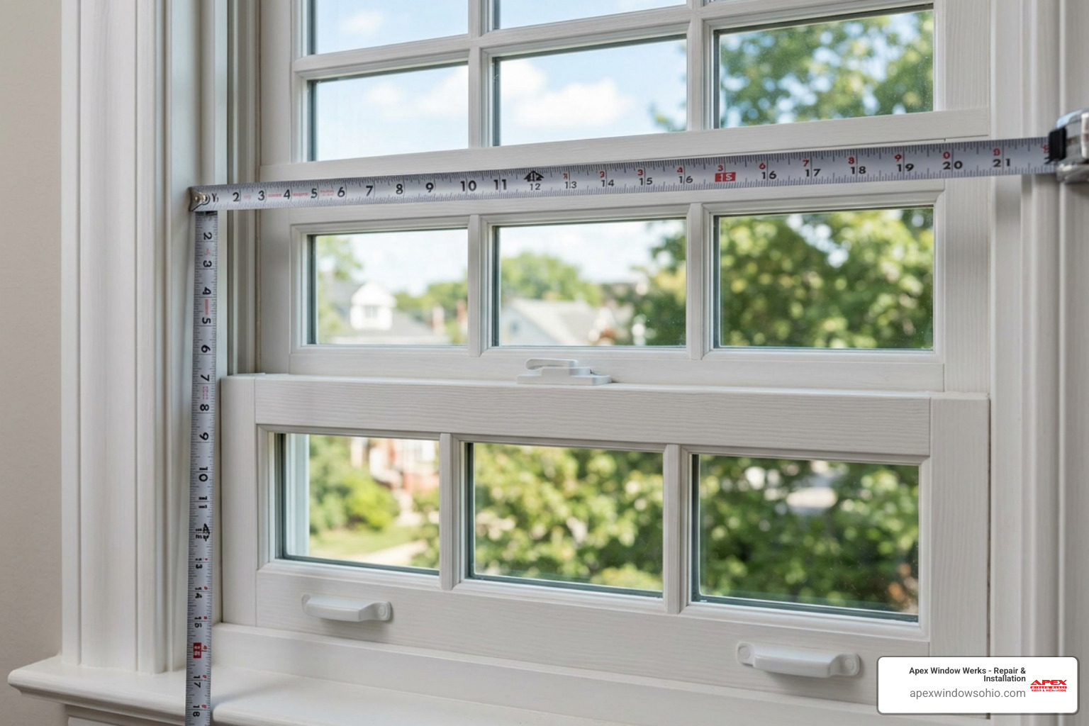 Measuring exterior sash width and jamb liner height on white wooden double-hung window Measuring exterior sash width and jamb liner height on white wooden double-hung window