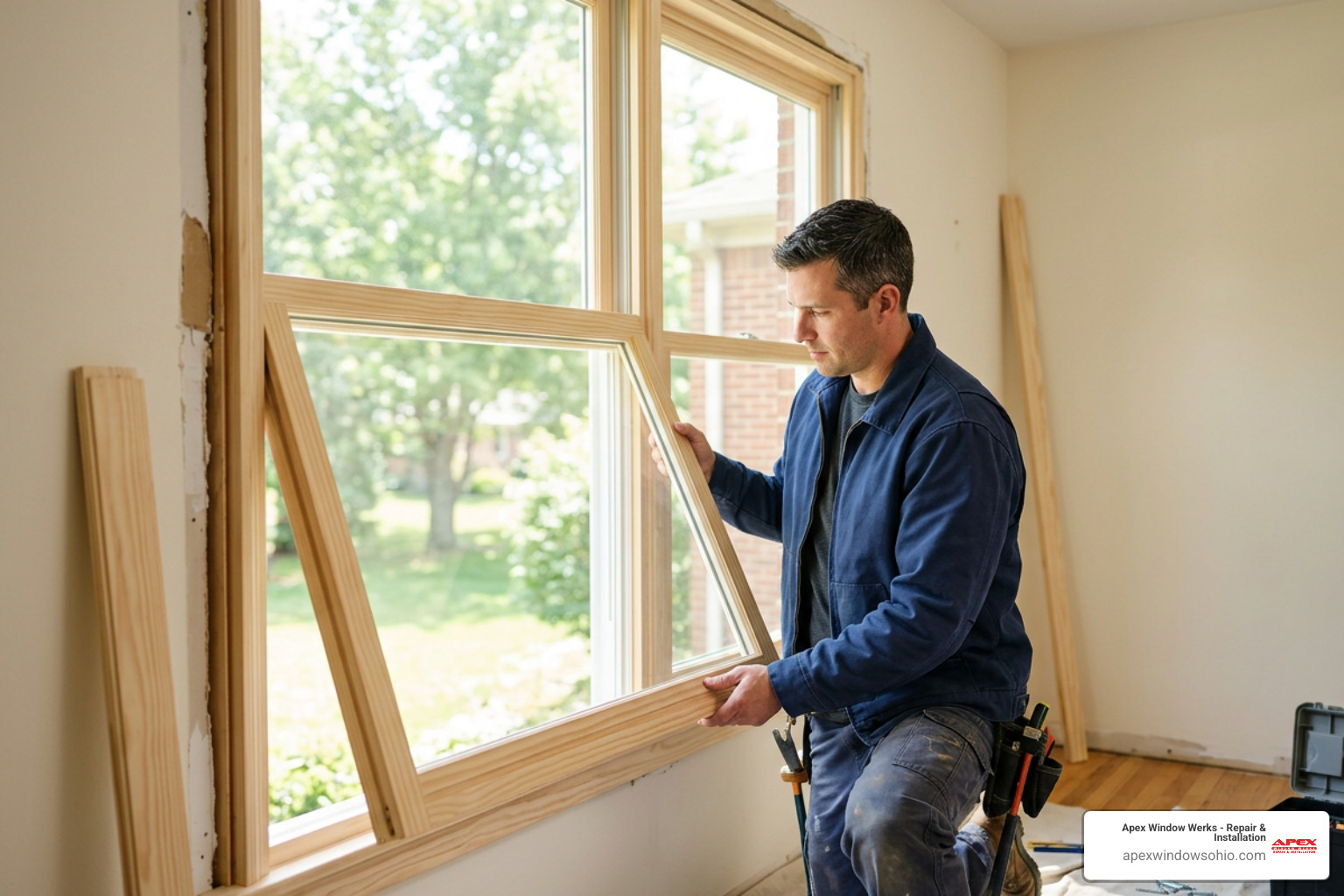 Professional glass technician adjusting new wooden double-hung window sash in sunny home Professional glass technician adjusting new wooden double-hung window sash in sunny home