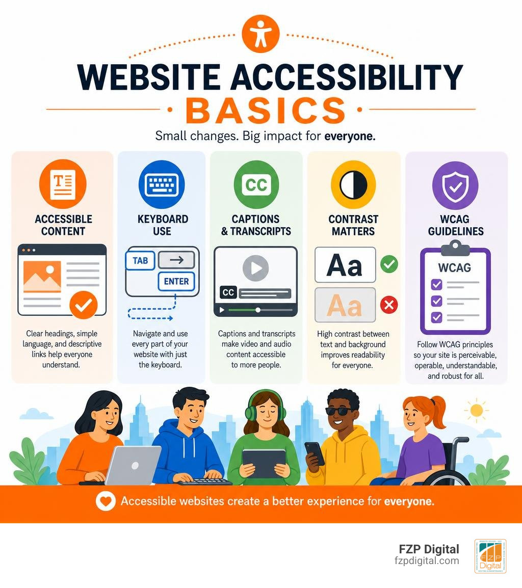 Website accessibility basics: accessible content, keyboard use, captions, contrast, and WCAG infographic Website accessibility basics: accessible content, keyboard use, captions, contrast, and WCAG infographic