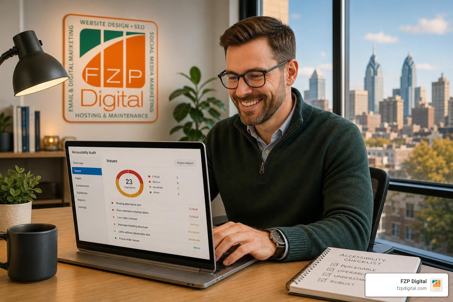 Accessibility expert conducting a website audit in Philadelphia office Accessibility expert conducting a website audit in Philadelphia office