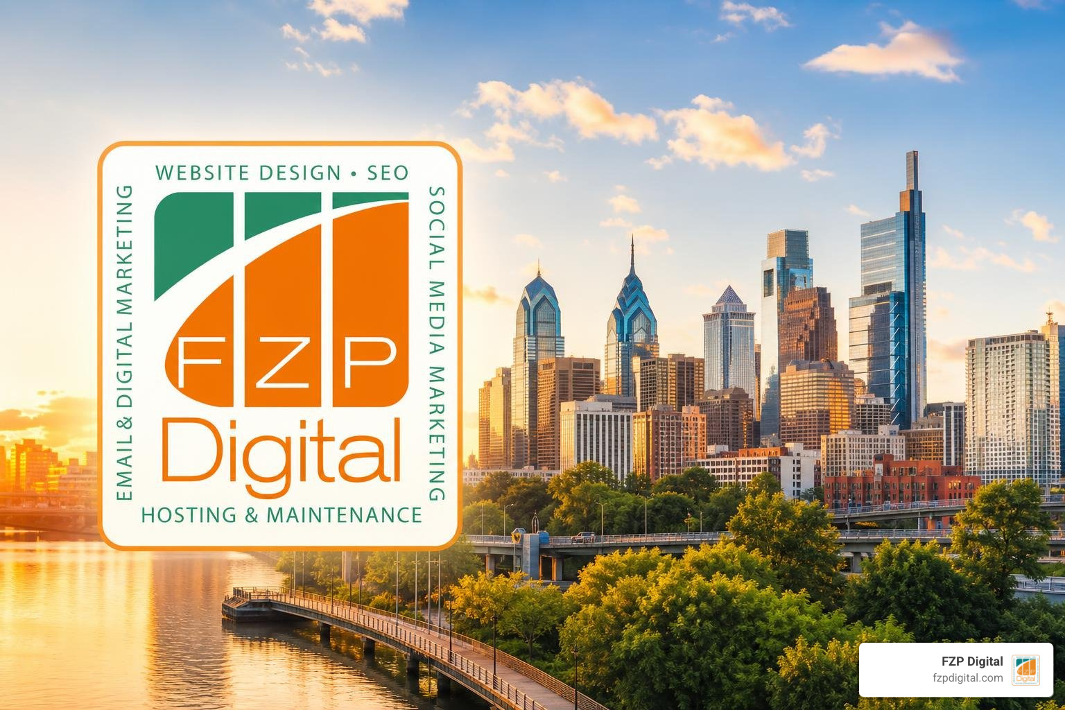 Website accessibility with FZP Digital logo and Philadelphia skyline