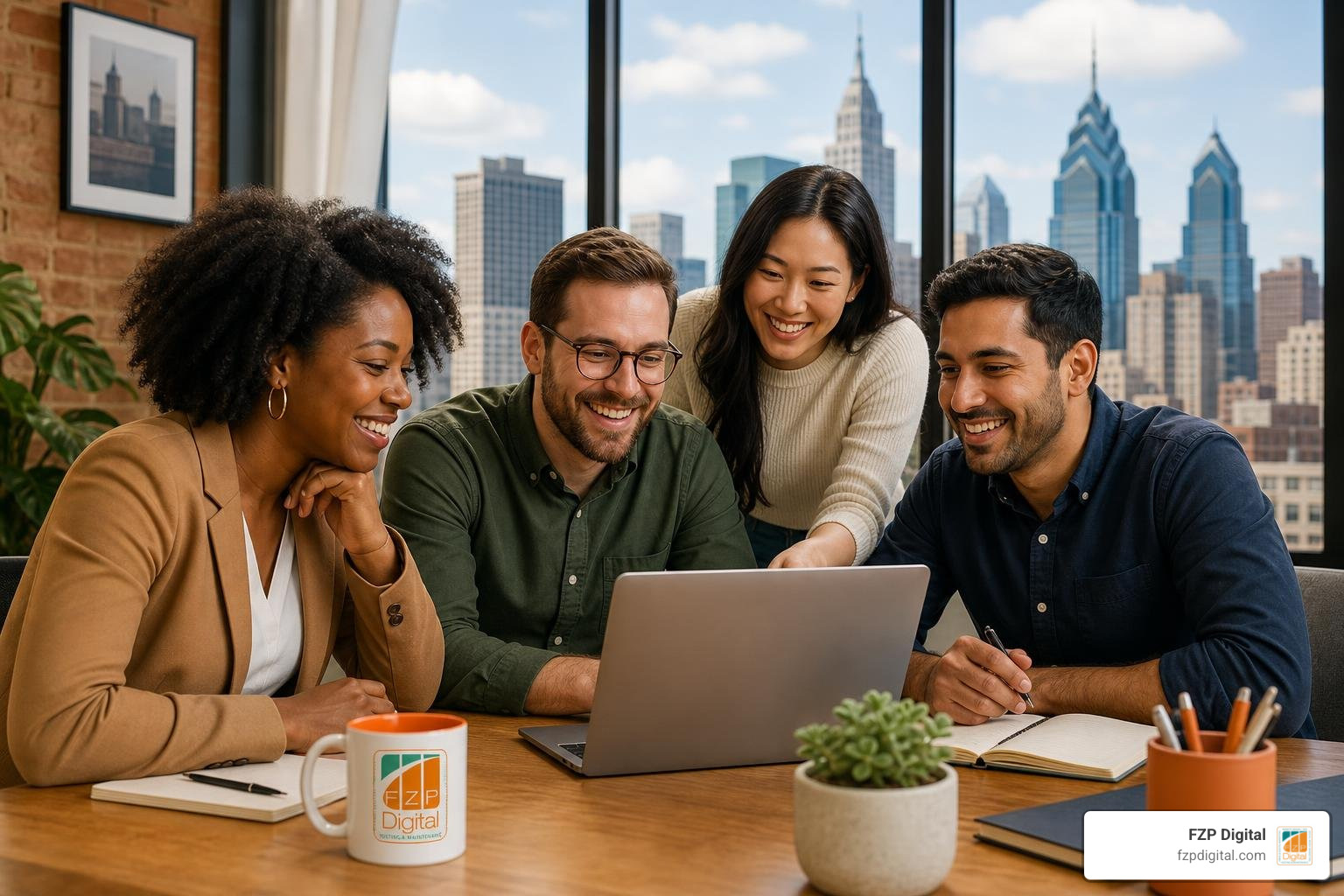 Happy marketing team at FZP Digital working together in Philadelphia office Happy marketing team at FZP Digital working together in Philadelphia office