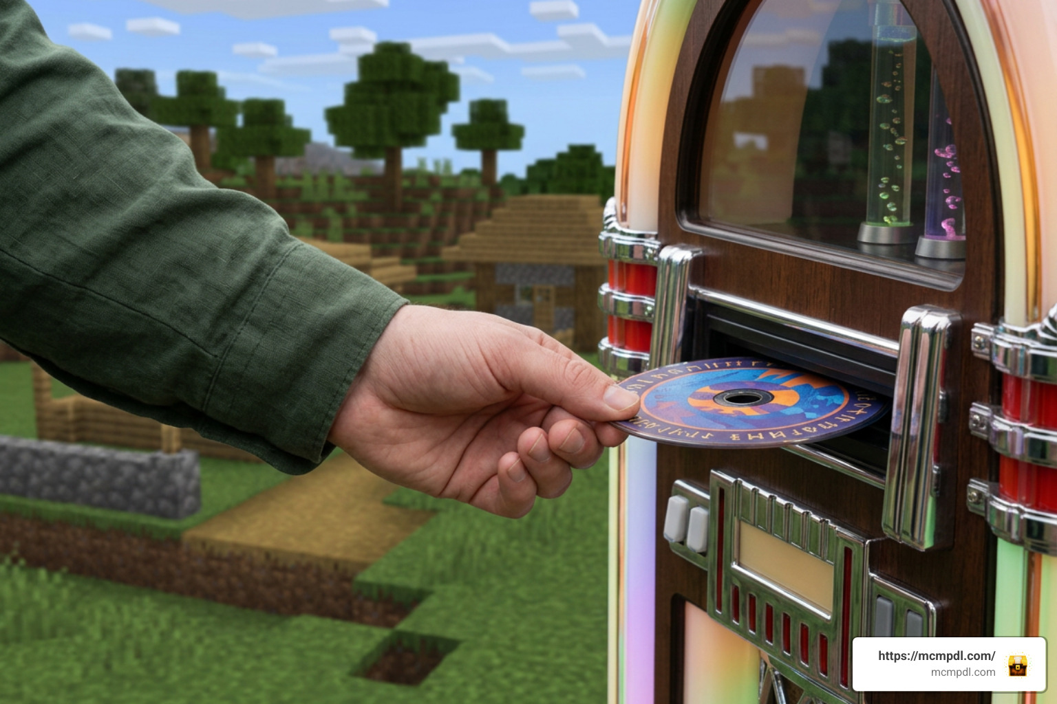 Player placing custom music disc into jukebox Player placing custom music disc into jukebox