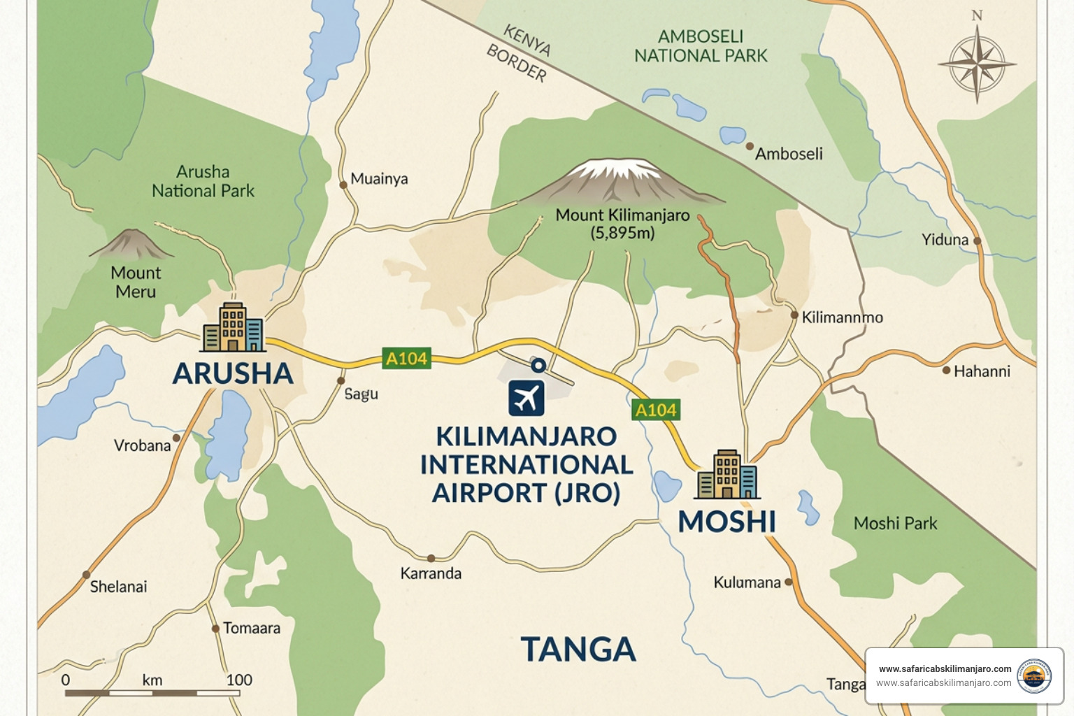 Map of JRO location relative to Moshi and Arusha