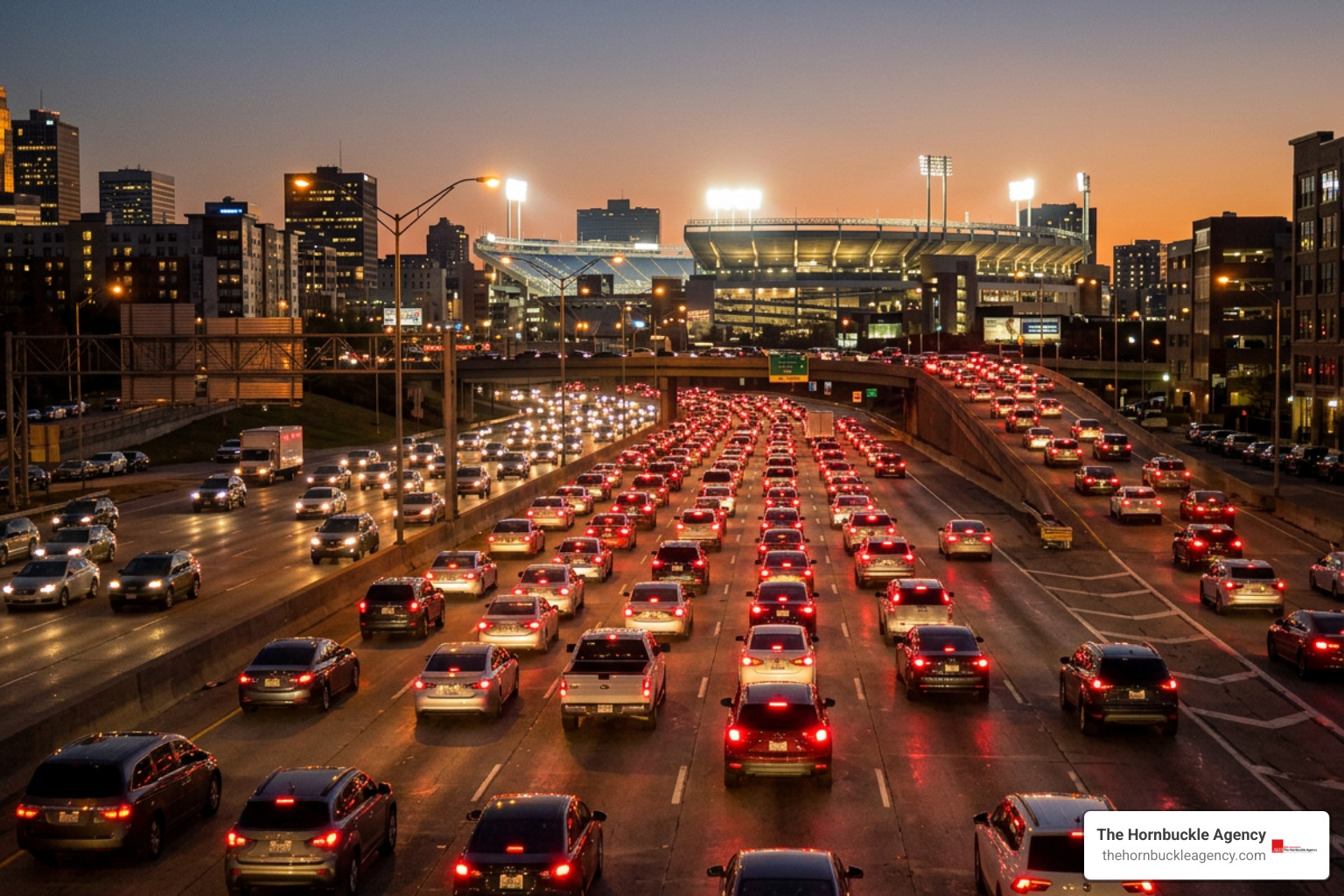 cars navigating high density stadium traffic at dusk cars navigating high density stadium traffic at dusk