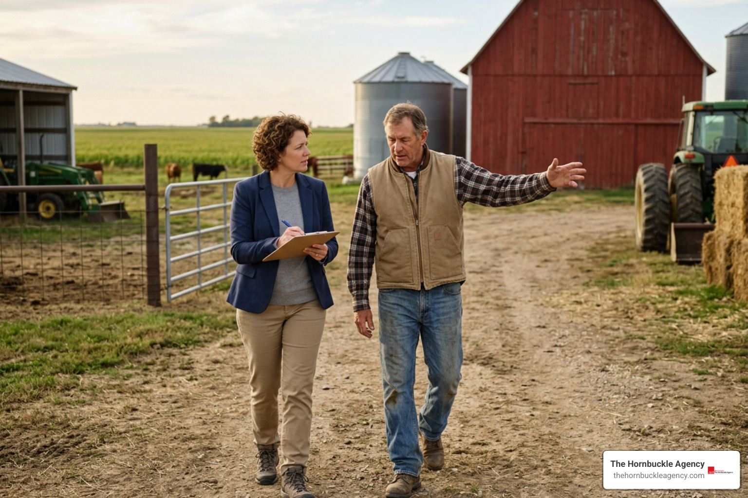 insurance agent conducting a risk walkthrough with a farm owner insurance agent conducting a risk walkthrough with a farm owner