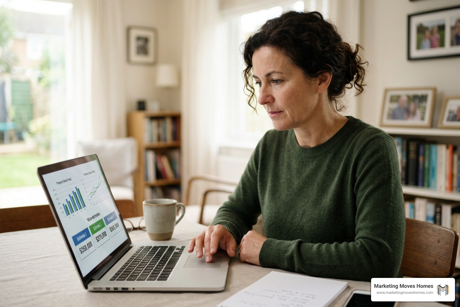 Homeowner reviewing property value estimates on a laptop screen Homeowner reviewing property value estimates on a laptop screen
