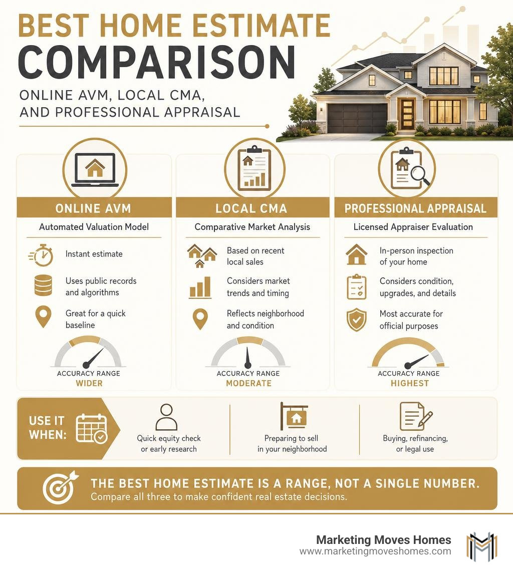 Best home estimate comparison: online AVM, local CMA, and professional appraisal infographic Best home estimate comparison: online AVM, local CMA, and professional appraisal infographic