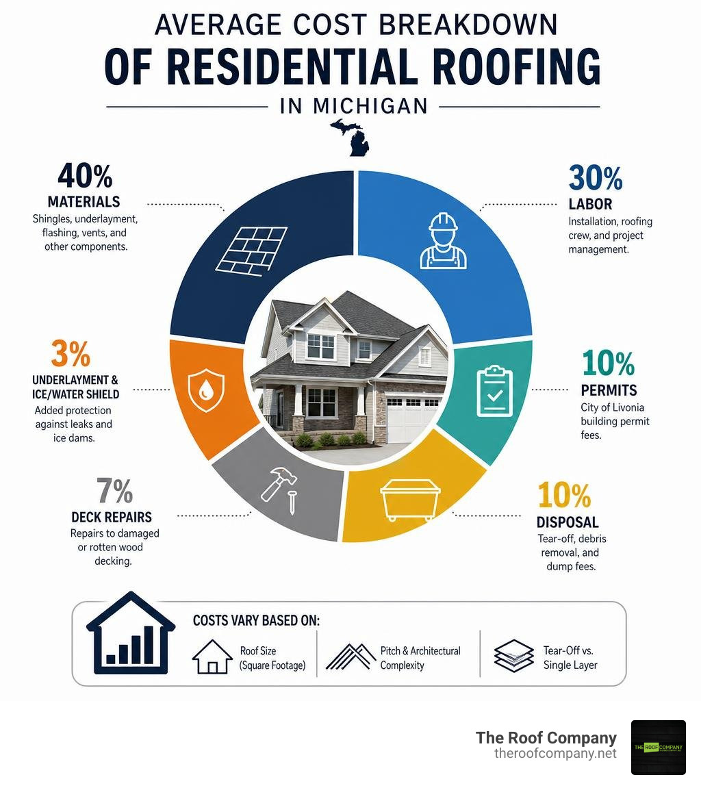 Average cost breakdown of residential roofing in Michigan infographic