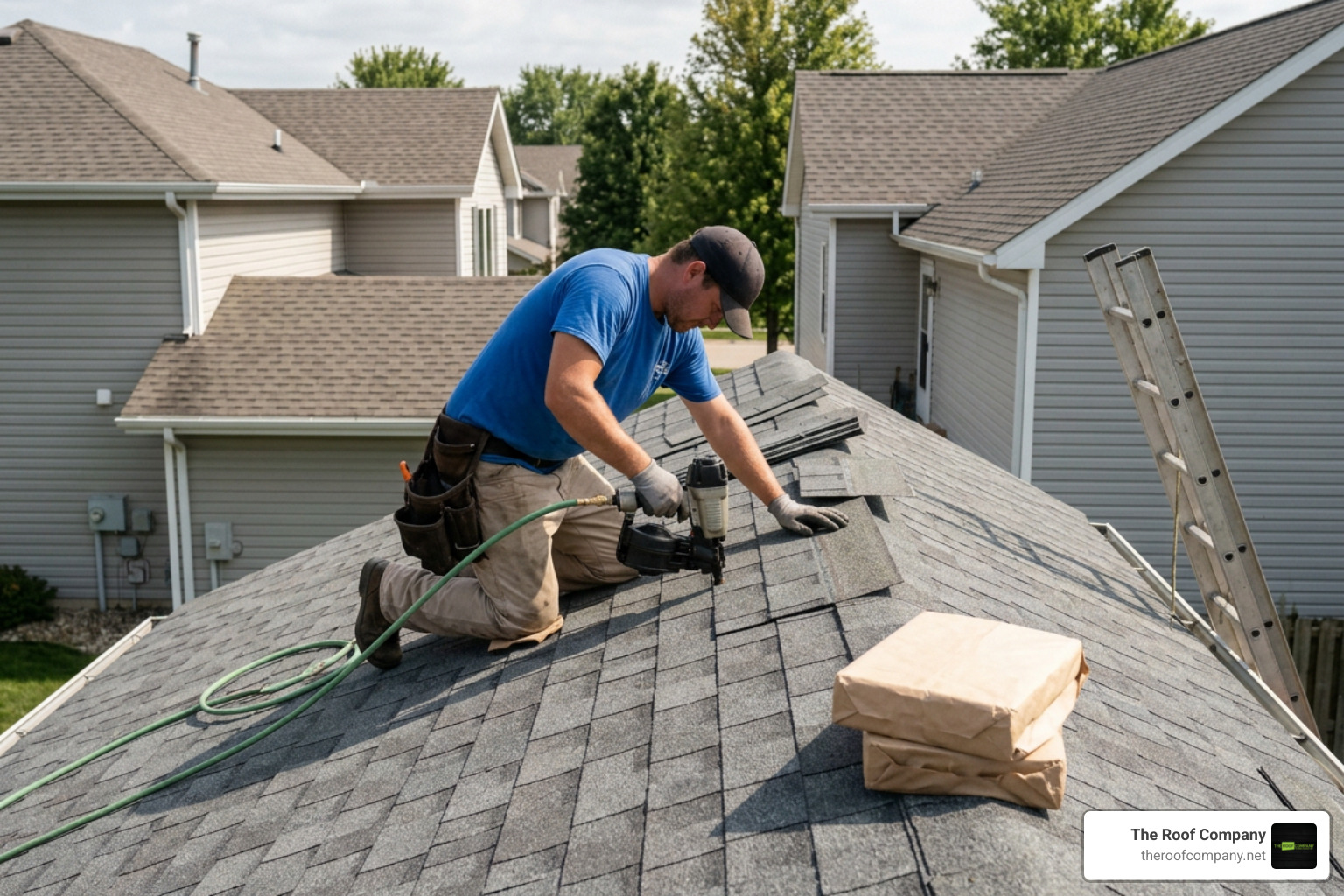 Roofer installing architectural asphalt shingles