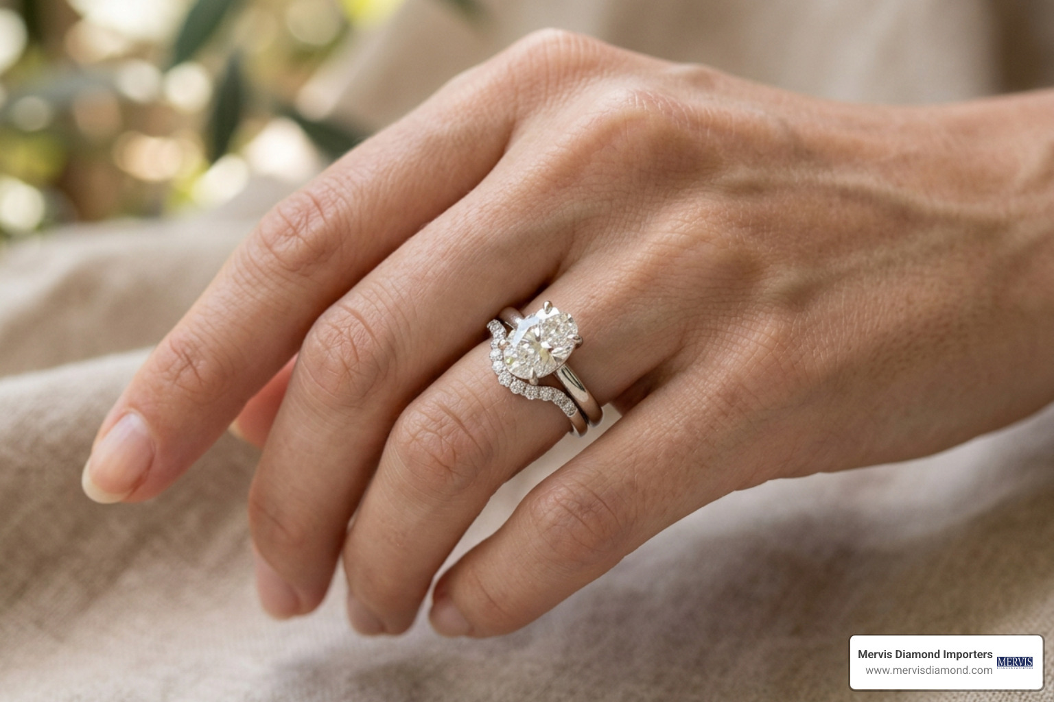 Oval engagement ring stacked with wedding band