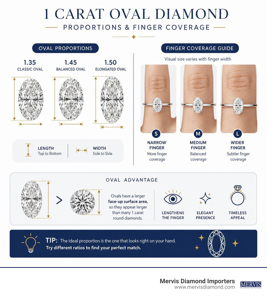 Infographic comparing 1 carat oval diamond proportions and finger coverage infographic