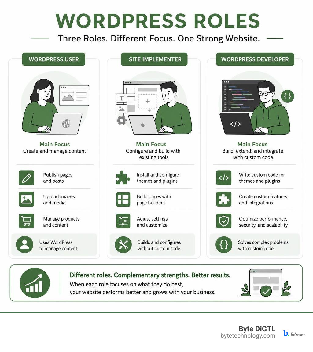 Infographic comparing WordPress user, site implementer, and custom developer infographic Infographic comparing WordPress user, site implementer, and custom developer infographic