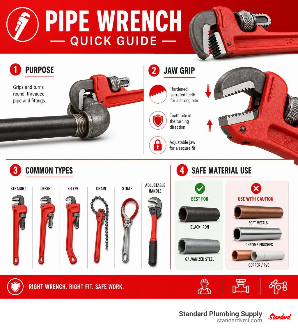 Pipe wrench quick guide showing purpose, jaw grip, common types, and safe material use infographic Pipe wrench quick guide showing purpose, jaw grip, common types, and safe material use infographic