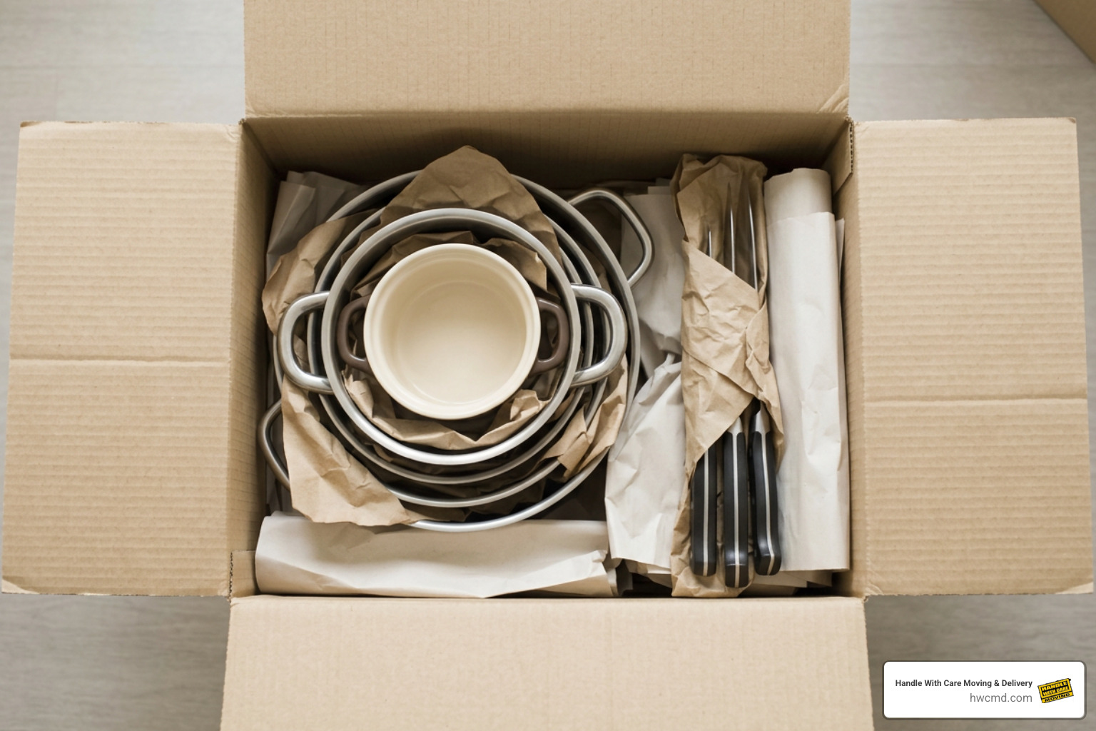 wrapped kitchen knives and nested pots ready for packing