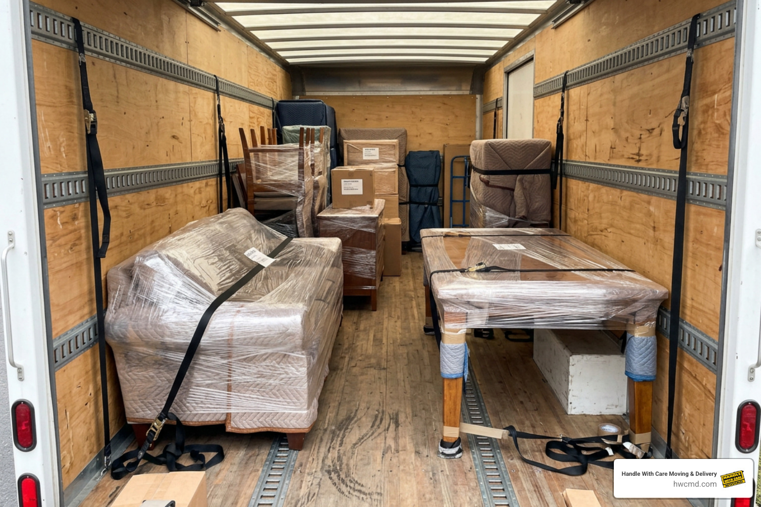 Securely wrapped wooden furniture inside a moving van Securely wrapped wooden furniture inside a moving van