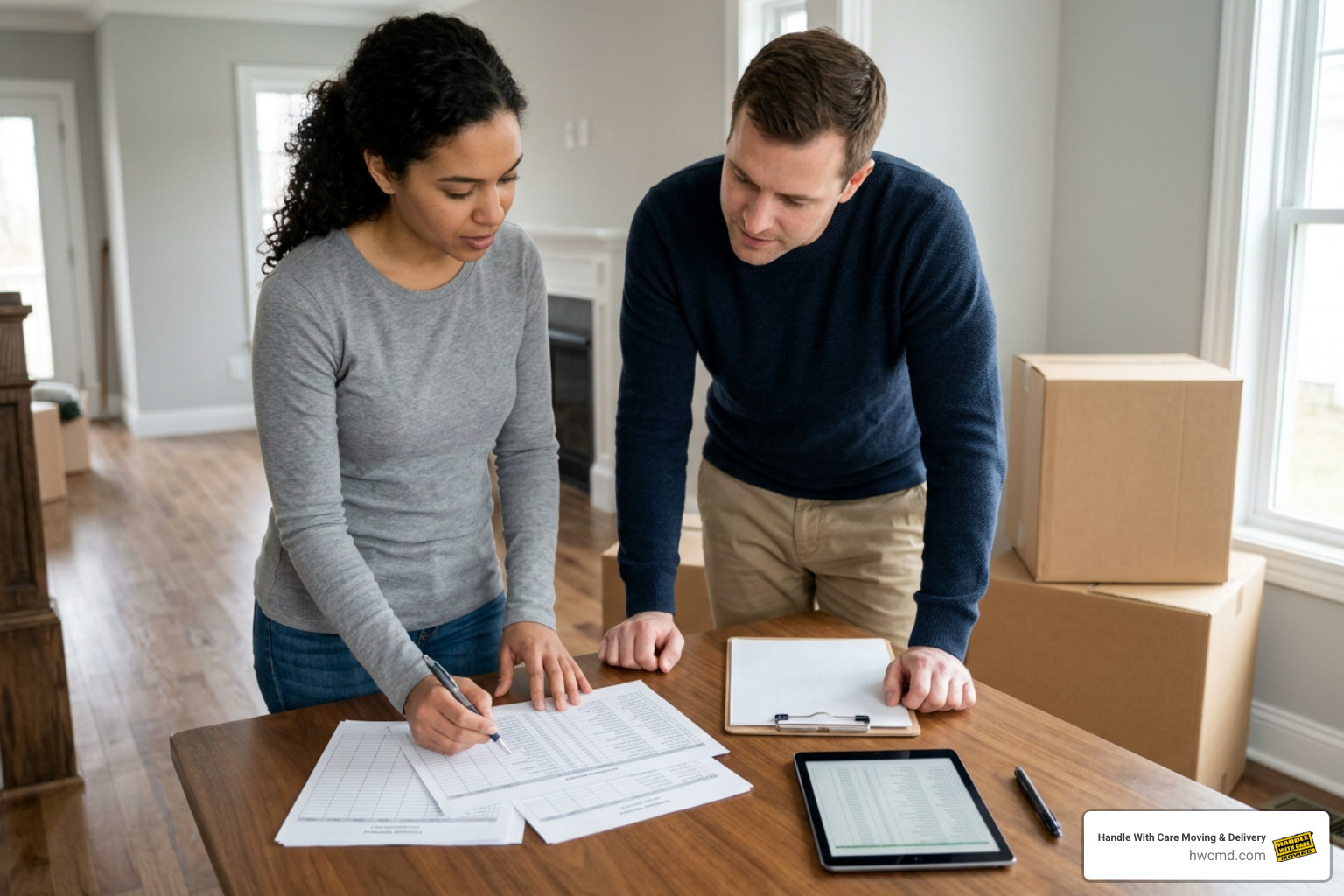 Client reviewing moving inventory list with project coordinator Client reviewing moving inventory list with project coordinator