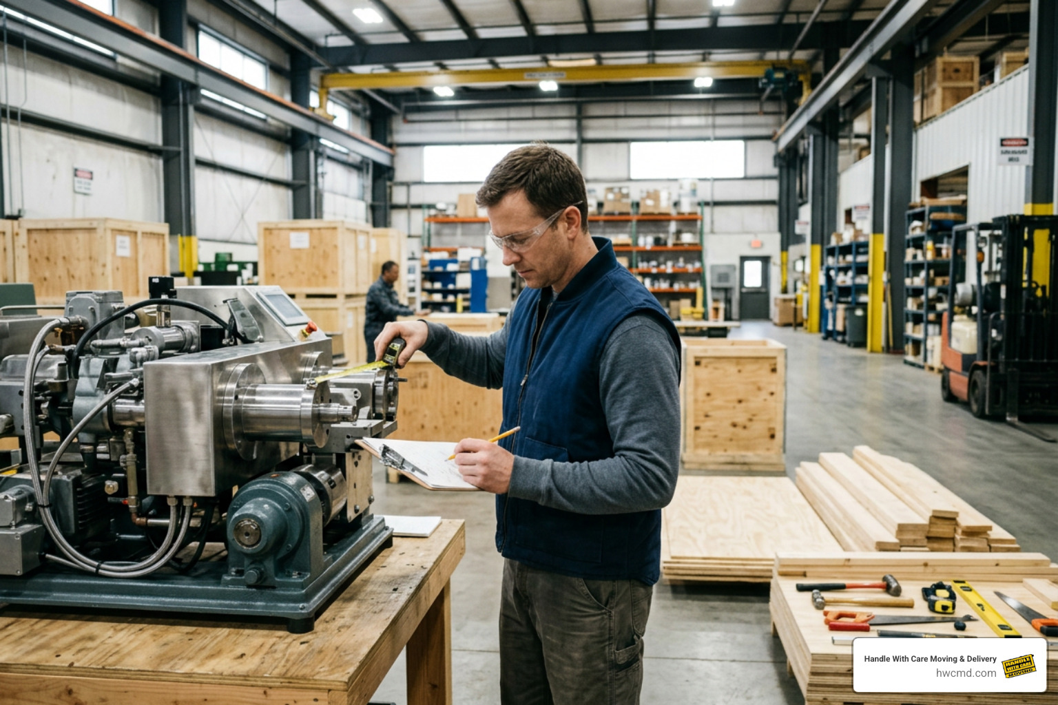 Technician taking precise measurements of delicate items for custom crate engineering
