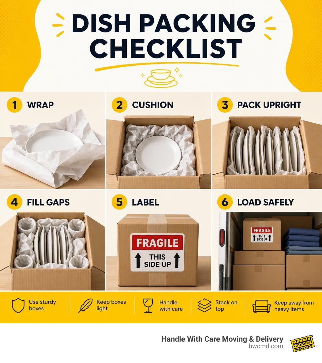 Dish packing checklist: wrap, cushion, pack upright, fill gaps, label, load safely infographic