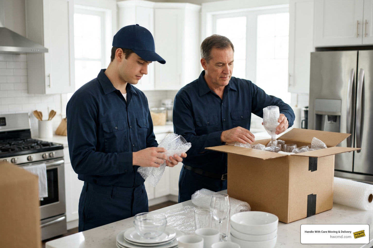 professional movers carefully packing kitchen glassware professional movers carefully packing kitchen glassware